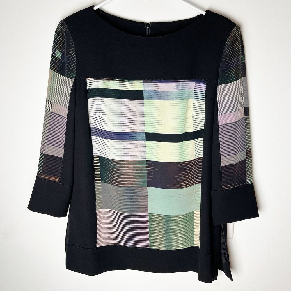 Contemporary Black Abstract Print‎ 100% Silk Blouse Size 38​